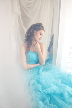 Muhteşem mavi uzun elbiseli güzel genç kadın mükemmel makyajlı ve saç stili olan Cinderella gibi.