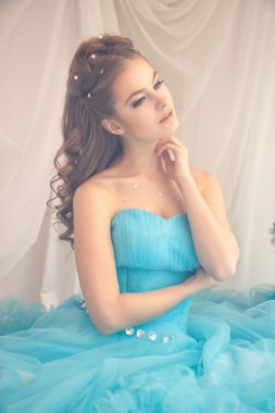 Muhteşem mavi uzun elbiseli güzel genç kadın mükemmel makyajlı ve saç stili olan Cinderella gibi.