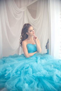 Muhteşem mavi uzun elbiseli güzel genç kadın mükemmel makyajlı ve saç stili olan Cinderella gibi.