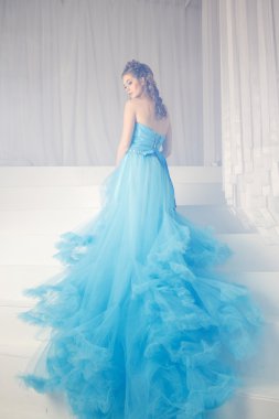 Muhteşem mavi uzun elbiseli güzel genç kadın mükemmel makyajlı ve saç stili olan Cinderella gibi.