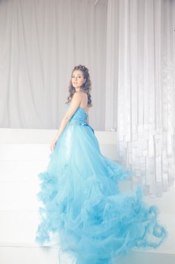 Muhteşem mavi uzun elbiseli güzel genç kadın mükemmel makyajlı ve saç stili olan Cinderella gibi.