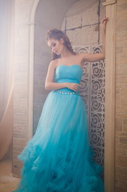 Muhteşem mavi uzun elbiseli güzel genç kadın mükemmel makyajlı ve saç stili olan Cinderella gibi.