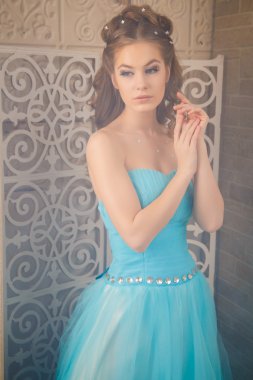 Muhteşem mavi uzun elbiseli güzel genç kadın mükemmel makyajlı ve saç stili olan Cinderella gibi.