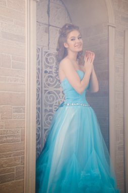 Muhteşem mavi uzun elbiseli güzel genç kadın mükemmel makyajlı ve saç stili olan Cinderella gibi.
