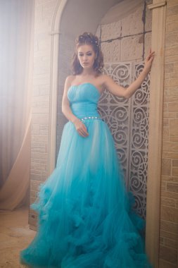 Muhteşem mavi uzun elbiseli güzel genç kadın mükemmel makyajlı ve saç stili olan Cinderella gibi.