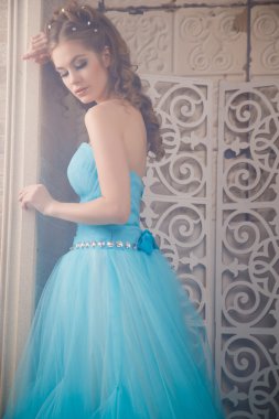 Muhteşem mavi uzun elbiseli güzel genç kadın mükemmel makyajlı ve saç stili olan Cinderella gibi.