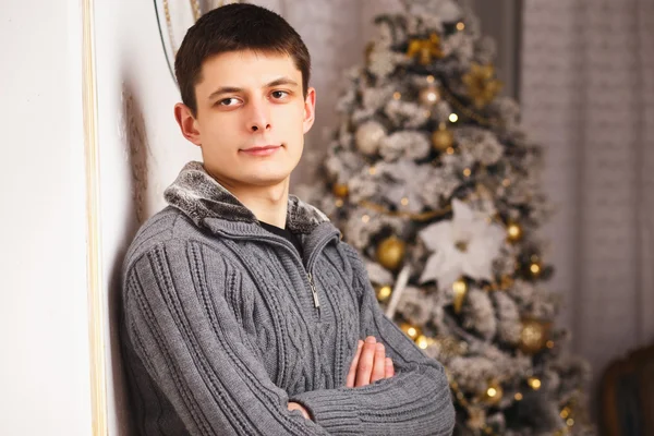 Szürke pulóver felső karácsonyi háttér a fiatalember portréja — Stock Fotó