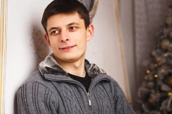Porträtt av ung man i grå tröja över jul bakgrund — Stockfoto