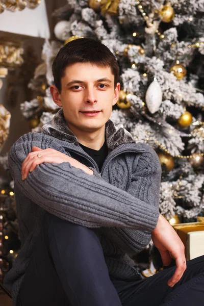 Retrato de un joven en jersey gris sobre fondo navideño — Foto de Stock