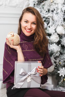 Küçük kirpi ışık Noel arka plan üzerinde birlikte ile Beyaz giysili bir kızı portresi