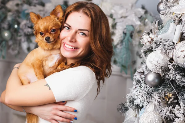 Portrait of a girl in white clothes with a little dog together over light christmas background — Stock Photo, Image