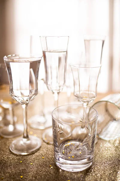 Several Champagne Glasses Gold Christmas Background Celebrating New Year Concept — Stock Photo, Image