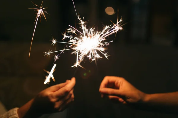Burning New Year Sparkler Bengal Light Scattering Small Sparkles Celebrating Stock Photo