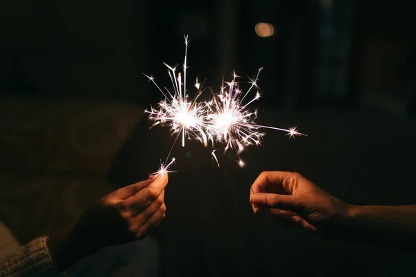 Burning New Year Sparkler Bengal Light Scattering Small Sparkles Celebrating — Stock Photo, Image