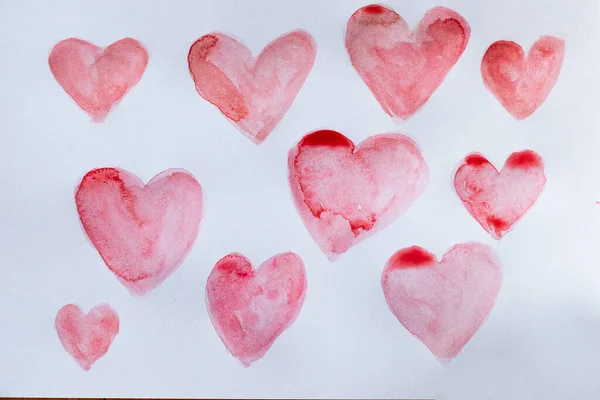 Acuarela Corazones Rojos Sobre Fondo Blanco Concepto San Valentín — Foto de Stock