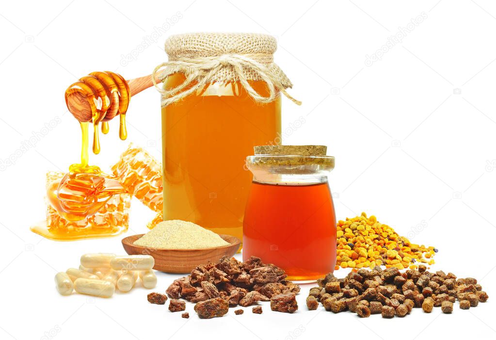 apitherapy, honey, bee pollen, propolis, royal jelly isolated