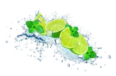 Kireç suyu sıçrar, buz küpleri beyaza izole edilir.