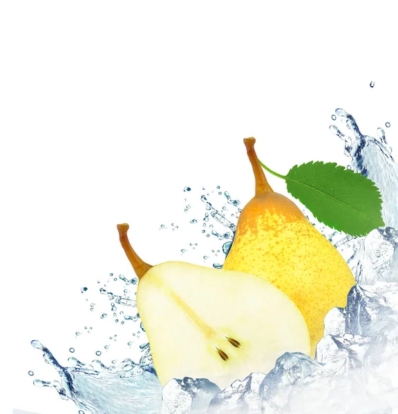 pear water splash and ice cubes isolated on white