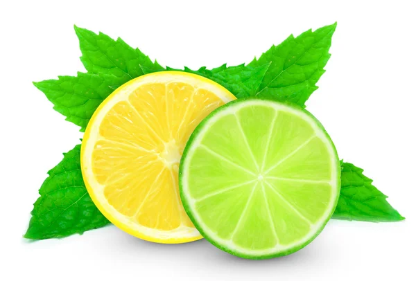 Lemon with lime slice and mint — Stock Photo, Image