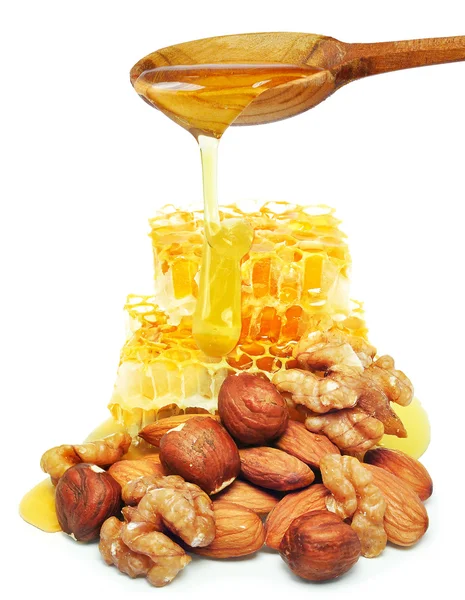 Nuts and honeycomb — Stock Photo, Image