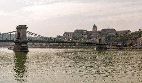 Hungarian landmark Chain Bridge, Royal Palace and Danube river in Budapest, Hungary