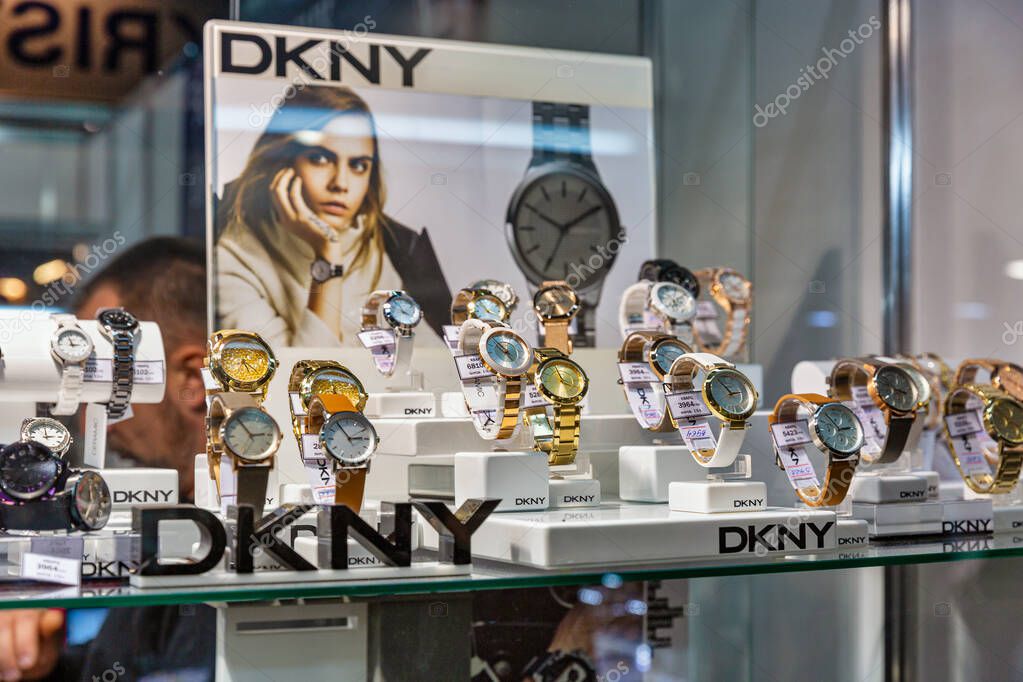 KYIV, UKRAINE - DECEMBER 18, 2015: DKNY luxury watch American company booth closeup during Christmas Jeweller Expo at KyivExpoPlaza Exhibition Center.