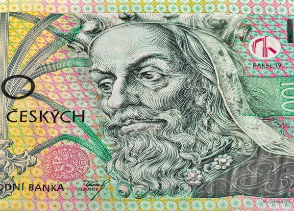 Součástí Bankovky 100 Korun Detailní Záběr Portrétem Karla Lucemburk — Stock fotografie