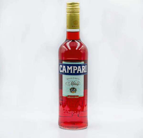 Kyiv Ukraine October 2020 Bottle Campari Bitter Liqueur Closeup White — Stock Photo, Image