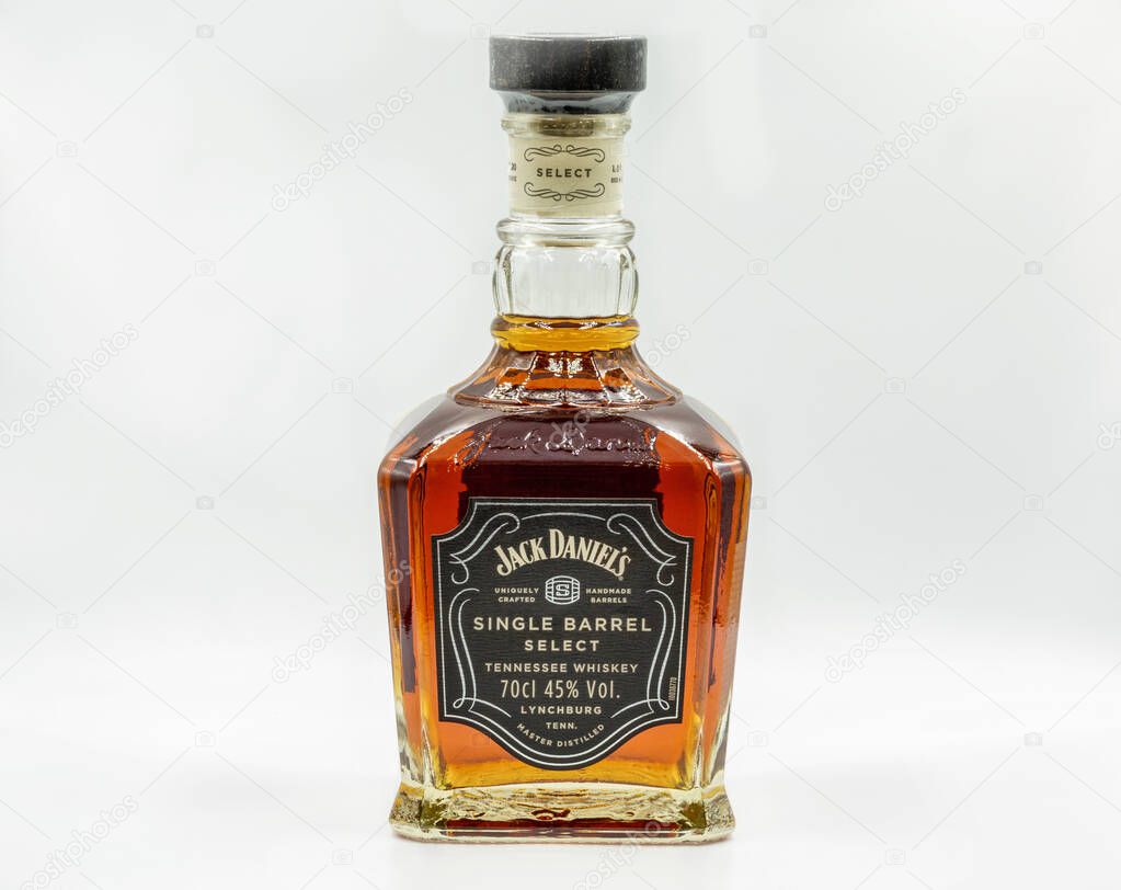 KYIV, UKRAINE - NOVEMBER 01, 2020: Studio closeup shoot of bottle Jack Daniels Single Barrel Select Tennessee Whiskey against white background. It is the highest selling American whiskey in the world.