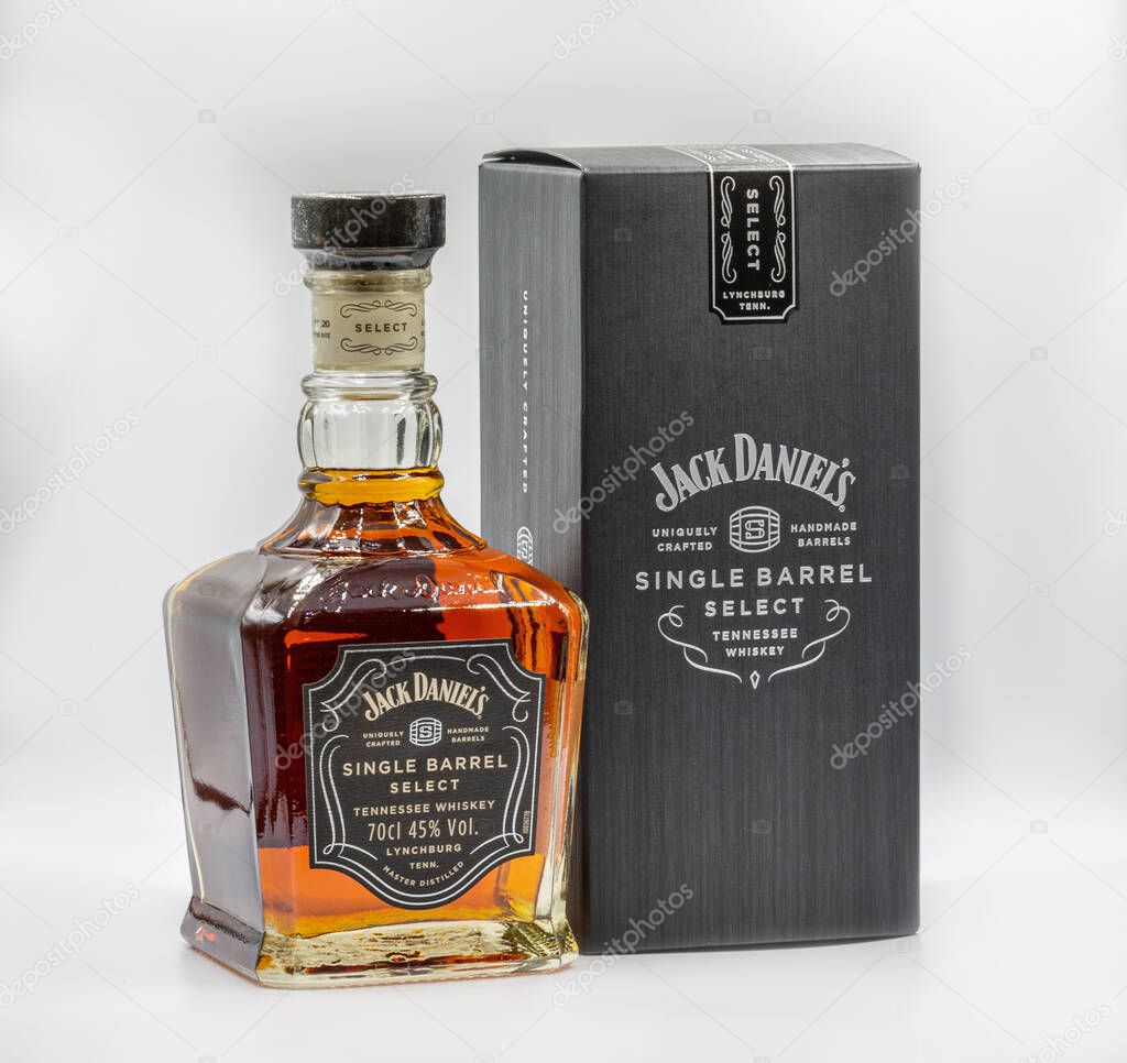 KYIV, UKRAINE - NOVEMBER 01, 2020: Studio closeup shoot of bottle and box Jack Daniels Single Barrel Select Tennessee Whiskey against white. It is the highest selling American whiskey in the world.