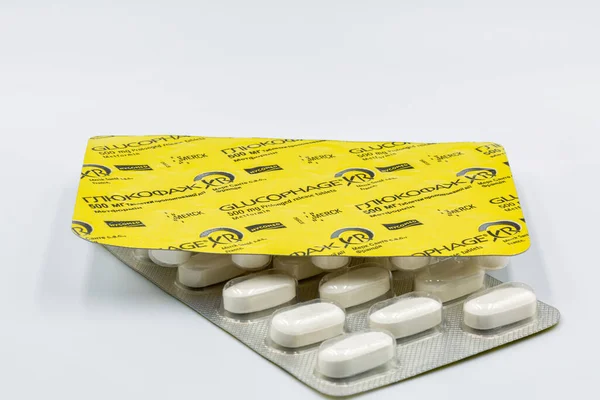 Kyiv Ukraine Novembre 2020 Glucophage Metformin Merck Prescription Drug Blisters — Photo