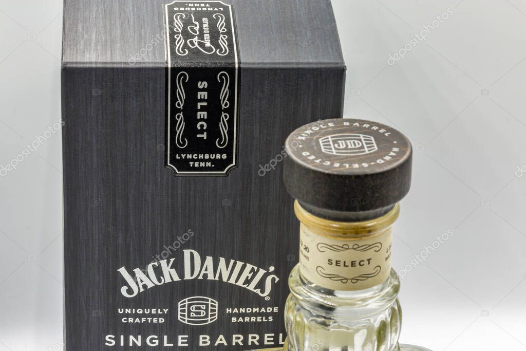 KYIV, UKRAINE - NOVEMBER 07, 2020: Studio closeup shoot of bottle and box Jack Daniels Single Barrel Select Tennessee Whiskey against white. It is the highest selling American whiskey in the world.