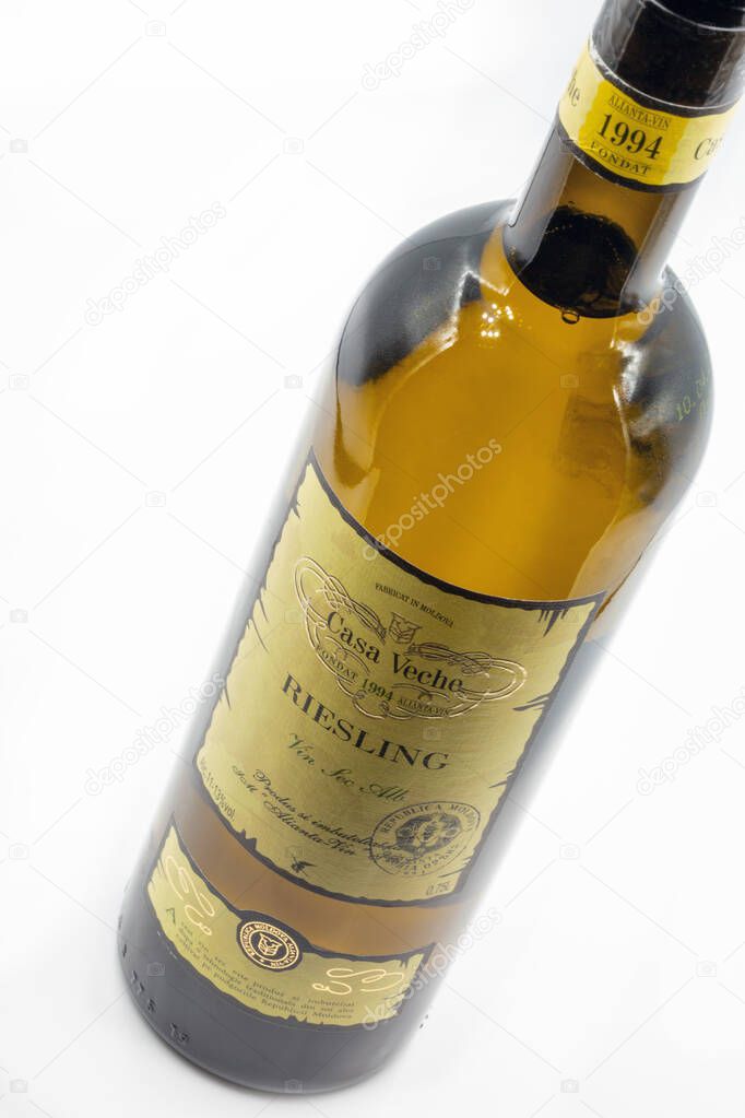 KYIV, UKRAINE - FEBRUARY 27, 2021: Riesling white dry wine bottle from Casa Veche Moldavian winery closeup against white background.
