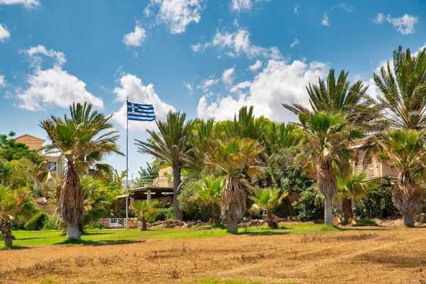 Landscape Typical Cypriot Residential Architecture Greek National Flag Ayia Napa — Stock Photo, Image