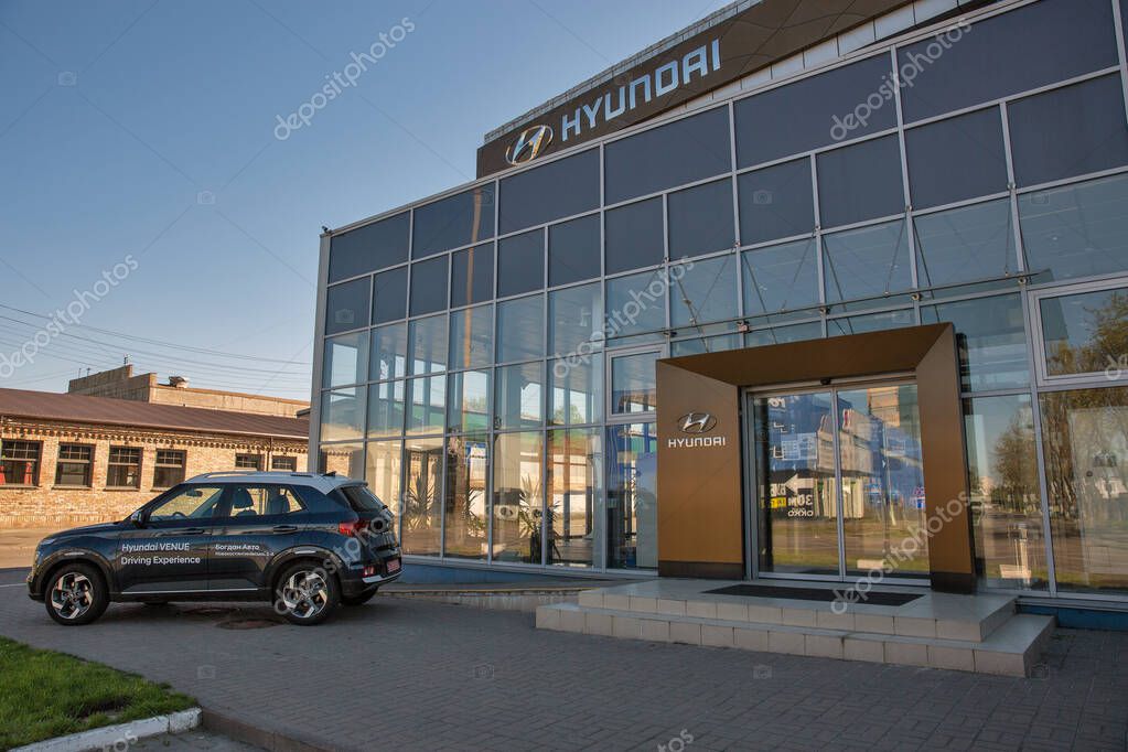 KYIV, UKRAINE - MAY 10, 2021: New Hyundai Venue test drive SUV car outdoors on display in Bohdan Auto dealership company. Hyundai is a South Korean multinational automotive manufacturer.