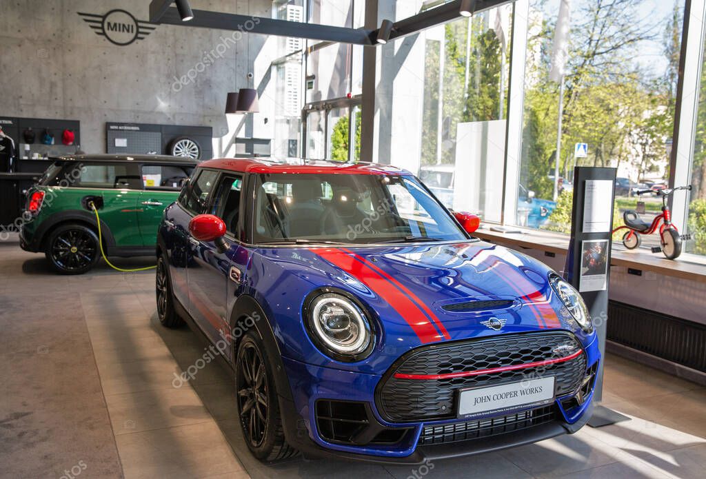 KYIV, UKRAINE - MAY 10, 2021: New MINI John Cooper Works Clubman car on display in BMW AWT Bavaria dealership company. Mini is a compact city car that was produced by British Motor Corporation.