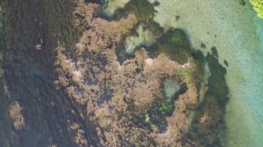 Arnavutluk 'un güneyindeki Vlore County' deki Muzine yakınlarındaki Mavi Gözlü su kaynağı üzerindeki hava aracı görüntüsü. Popüler bir turizm merkezi..
