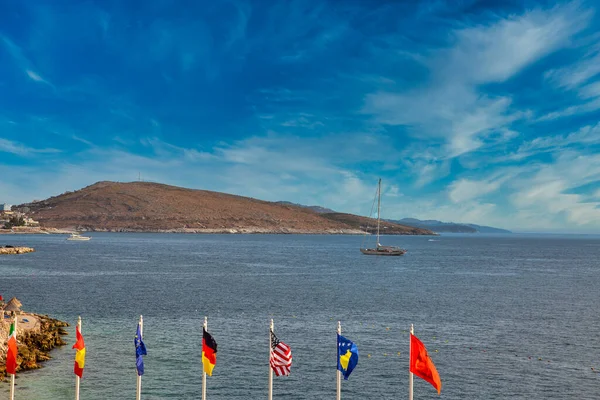 View Saranda Bay National Flags Albania — Stock Photo, Image