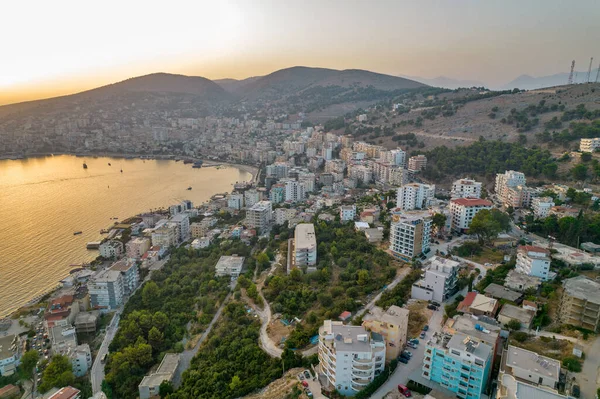 Aerial Sunset Drone View Saranda City Port Albania — Stock Photo, Image