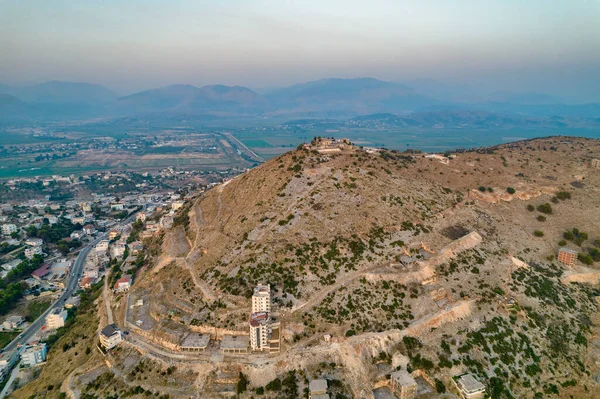 Aerial Sunset Drone View Saranda City Lekursi Castle Restauranti Hill — Stock Photo, Image