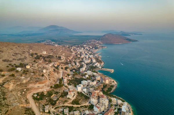 Aerial Sunset Drone View Saranda City Port Albania — Stock Photo, Image