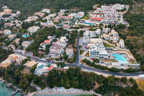 Vista Aérea Drone Sobre Vila Recurso Mparmpati Leste Ilha Corfu — Fotografia de Stock