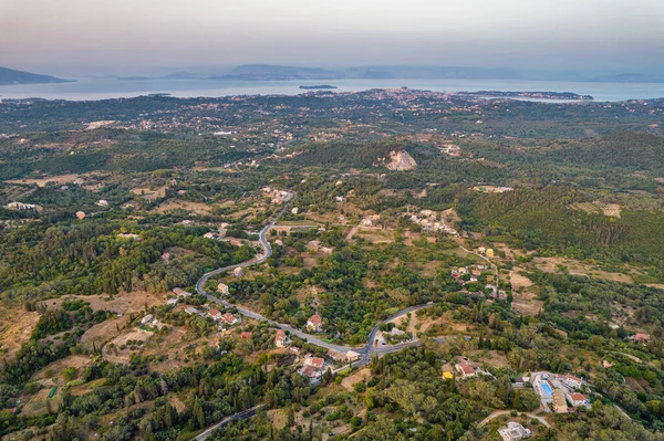 Aerial Drone View Typical Rural Landscape Central Island Corfu Sunset — Stock Photo, Image