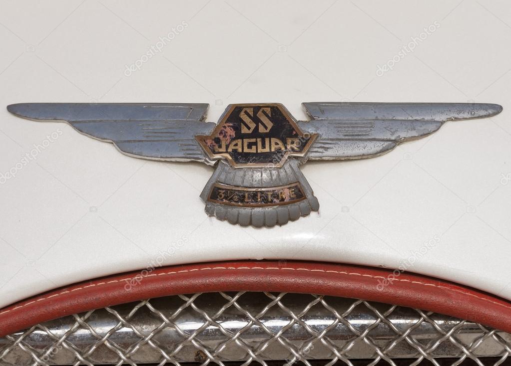 NOVIGRAD, CROATIA - SEPTEMBER 13, 2014: Vintage radiator grille and emblem of Jaguar SS car on 5th International Old Timer Car Rally. The event organized by the old timer club Eppur si muove from Umag.