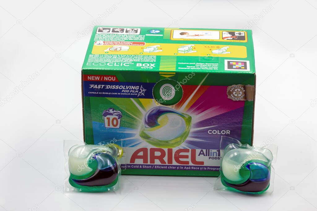 Kyiv, Ukraine - May 01, 2025: Ariel All in 1 Pods color washing capsules box with two pods displayed. Fast dissolving laundry detergent for colored garments, 10 wash package with recyclable design.
