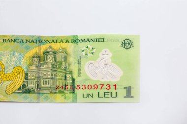 Romanya 'da yeşil sarı renkli bir leu polimer banknot, seri numarası, kuş sembollü filigran, çiçek tasarımı ve mimari yapı. Güvenlik özelliklerine sahip para birimi.