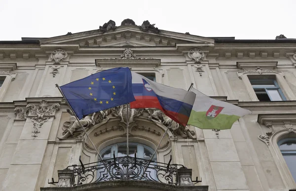 Flags of EU, Slovenia and Ljubljana city — стокове фото