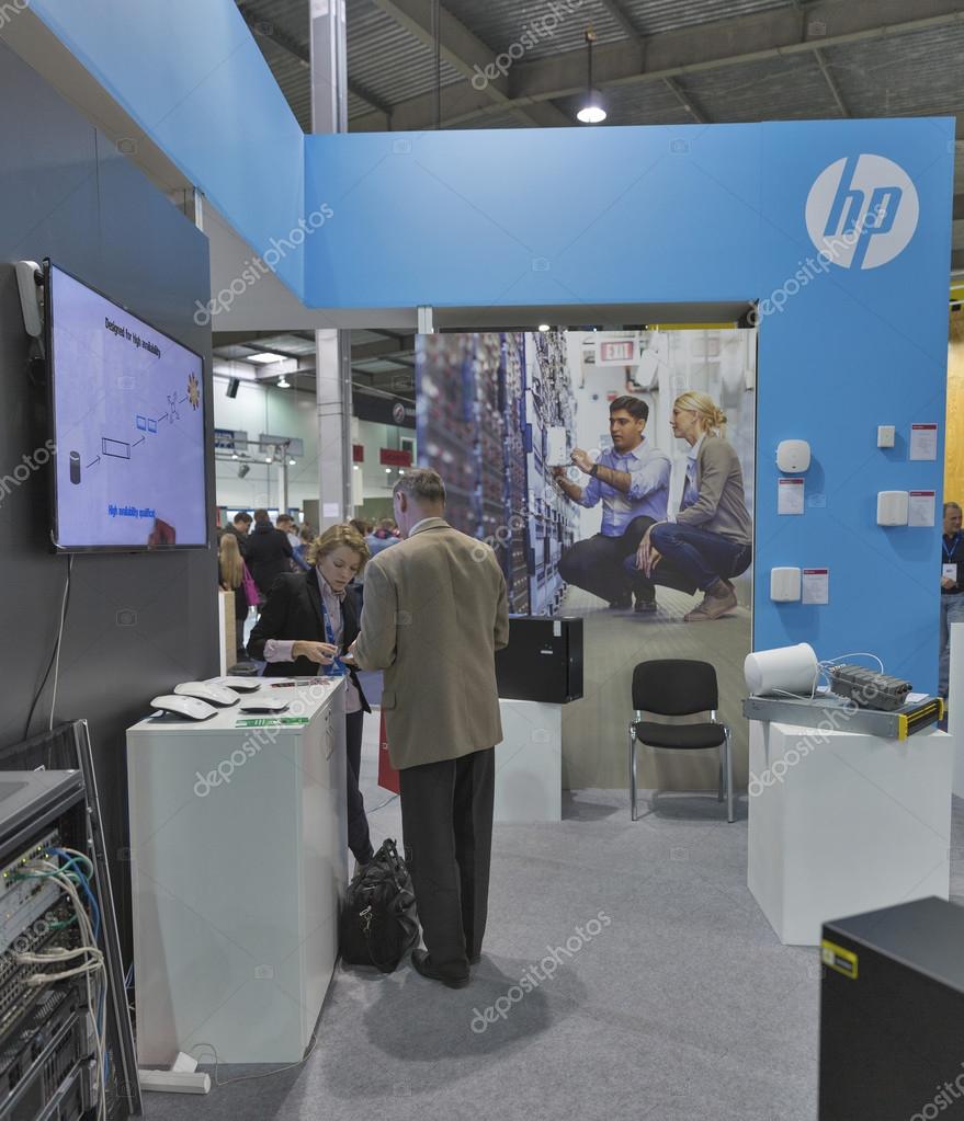 KIEV, UKRAINE - OCTOBER 11, 2015: People visit Hewlett-Packard, global information technology company booth during CEE 2015, largest electronics trade show of Ukraine in ExpoPlaza Exhibition Center