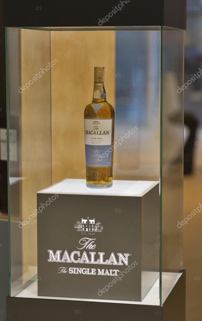 KIEV, UKRAINE - NOVEMBER 21, 2015: Bottle of The Macallan Fine Oak Highland Single Malt Scotch Whisky 12 years old on display at 1st Ukrainian Whisky Dram Festival in Parkovy Exhibition Center.