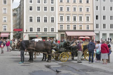Atlı arabası üzerinde Residenzplatz Salzburg, Avusturya.
